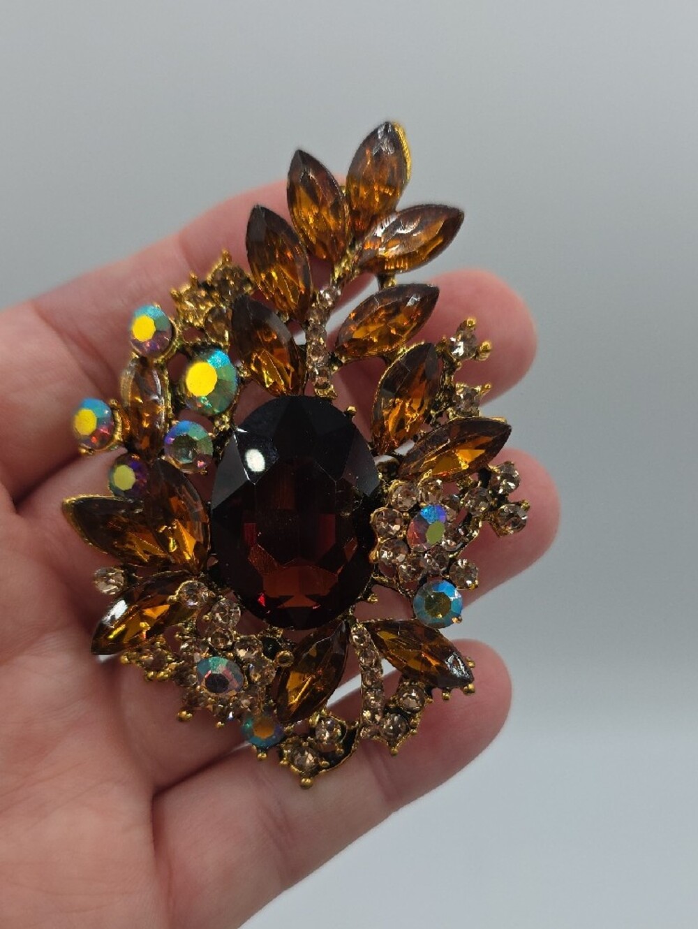 Vintage-Inspired Brown & AB Crystal Statement Brooch or Pendant